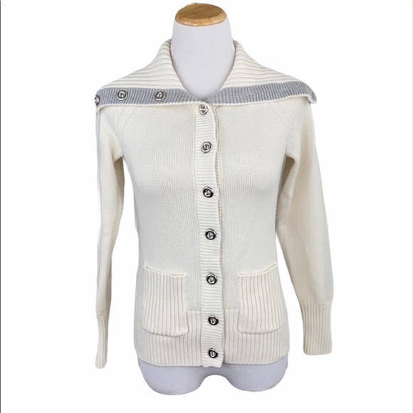 Banana Republic 100% Cotton Off White Fold Over Collar Button Down Cardigan